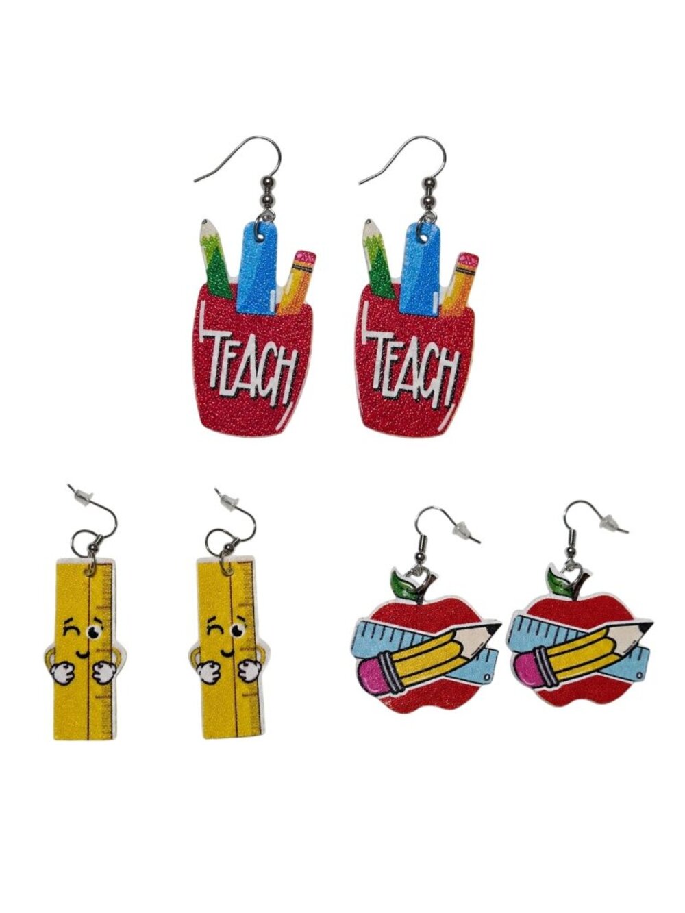 Teacher Themed Earrings Set -Apple Ruler Teach Pencil Designs Lightweight Foam